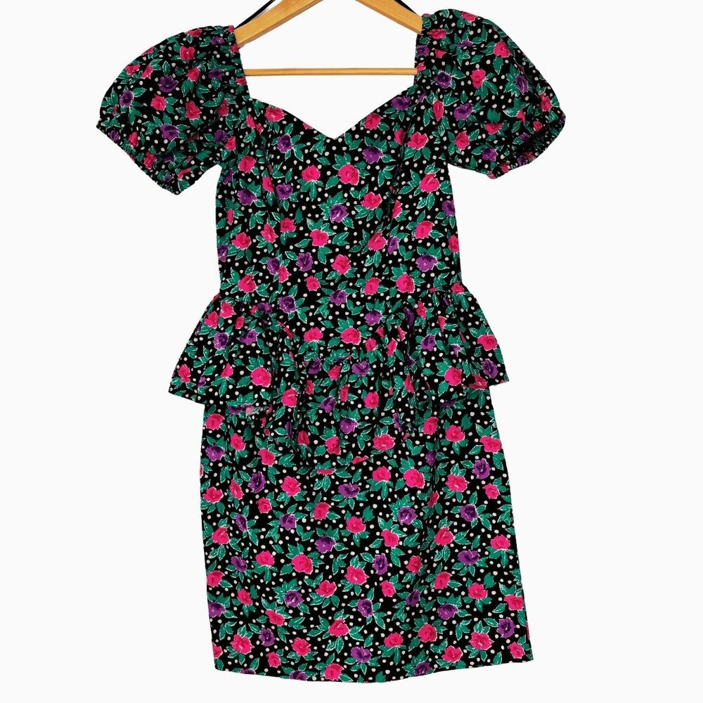 Vintage Floral Mini Dress - Black and Pink